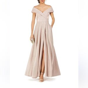 Xscape Off-Shoulder Glitter Maxi Dress in Light Pink